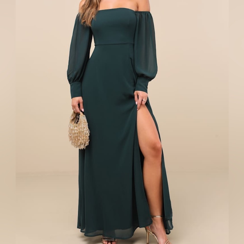 NWT Lulus Feel the Romance Emerald Green Off-the-Shoulder Maxi Dress
